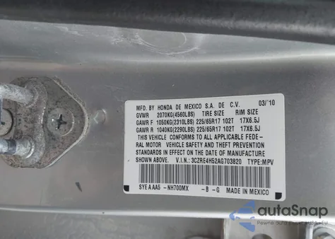 2010 Honda Cr-V Ex z USA, uszkodzony, nr VIN 3CZRE4H52AG703820